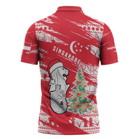 Singapore Christmas Zipper Polo Shirt with Merlion Santa Hat Batik Christmas Tree and City Skyline Design - Wonder Print Shop
