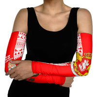 Georgia Christmas Arm Sleeves with Santa in Chokha Wine Barrel Gingerbread and Coat of Arms Design - Wonder Print Shop