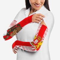 Georgia Christmas Arm Sleeves with Santa in Chokha Wine Barrel Gingerbread and Coat of Arms Design - Wonder Print Shop