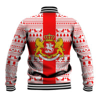 Georgia Christmas Baseball Jacket with Santa in Chokha Wine Barrel Gingerbread and Coat of Arms Design - Wonder Print Shop