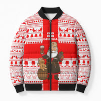Georgia Christmas Bomber Puffer Jacket with Santa in Chokha Wine Barrel Gingerbread and Coat of Arms Design - Wonder Print Shop
