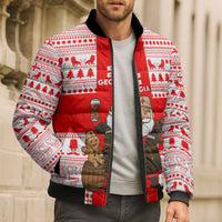 Georgia Christmas Bomber Puffer Jacket with Santa in Chokha Wine Barrel Gingerbread and Coat of Arms Design - Wonder Print Shop