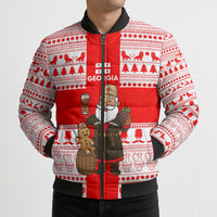 Georgia Christmas Bomber Puffer Jacket with Santa in Chokha Wine Barrel Gingerbread and Coat of Arms Design - Wonder Print Shop