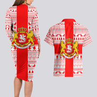 Georgia Christmas Couples Matching Long Sleeve Bodycon Dress and Hawaiian Shirt with Santa in Chokha Wine Barrel Gingerbread and Coat of Arms Design - Wonder Print Shop