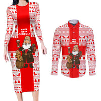Georgia Christmas Couples Matching Long Sleeve Bodycon Dress and Long Sleeve Button Shirt with Santa in Chokha Wine Barrel Gingerbread and Coat of Arms Design - Wonder Print Shop