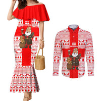 Georgia Christmas Couples Matching Mermaid Dress and Long Sleeve Button Shirt with Santa in Chokha Wine Barrel Gingerbread and Coat of Arms Design - Wonder Print Shop