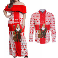 Georgia Christmas Couples Matching Off Shoulder Maxi Dress and Long Sleeve Button Shirt with Santa in Chokha Wine Barrel Gingerbread and Coat of Arms Design - Wonder Print Shop