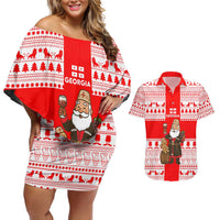 Georgia Christmas Couples Matching Off Shoulder Short Dress and Hawaiian Shirt with Santa in Chokha Wine Barrel Gingerbread and Coat of Arms Design - Wonder Print Shop