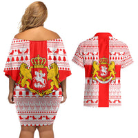 Georgia Christmas Couples Matching Off Shoulder Short Dress and Hawaiian Shirt with Santa in Chokha Wine Barrel Gingerbread and Coat of Arms Design - Wonder Print Shop