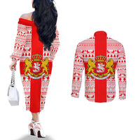Georgia Christmas Couples Matching Off The Shoulder Long Sleeve Dress and Long Sleeve Button Shirt with Santa in Chokha Wine Barrel Gingerbread and Coat of Arms Design - Wonder Print Shop
