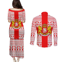 Georgia Christmas Couples Matching Puletasi and Long Sleeve Button Shirt with Santa in Chokha Wine Barrel Gingerbread and Coat of Arms Design - Wonder Print Shop