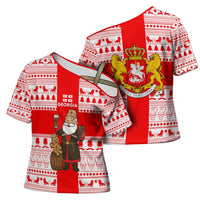 Georgia Christmas Cross Shoulder Shirt with Santa in Chokha Wine Barrel Gingerbread and Coat of Arms Design - Wonder Print Shop