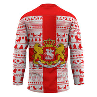 Georgia Christmas Hockey Jersey with Santa in Chokha Wine Barrel Gingerbread and Coat of Arms Design - Wonder Print Shop