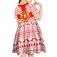 Georgia Christmas Kid Short Sleeve Dress with Santa in Chokha Wine Barrel Gingerbread and Coat of Arms Design - Wonder Print Shop