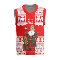 Georgia Christmas Knitted V-Neck Vest with Santa in Chokha Wine Barrel Gingerbread and Coat of Arms Design - Wonder Print Shop