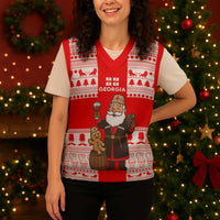 Georgia Christmas Knitted V-Neck Vest with Santa in Chokha Wine Barrel Gingerbread and Coat of Arms Design - Wonder Print Shop