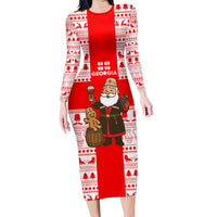 Georgia Christmas Long Sleeve Bodycon Dress with Santa in Chokha Wine Barrel Gingerbread and Coat of Arms Design - Wonder Print Shop