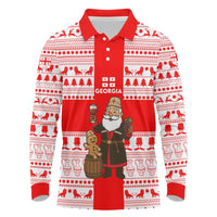Georgia Christmas Long Sleeve Polo Shirt with Santa in Chokha Wine Barrel Gingerbread and Coat of Arms Design - Wonder Print Shop
