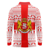 Georgia Christmas Long Sleeve Polo Shirt with Santa in Chokha Wine Barrel Gingerbread and Coat of Arms Design - Wonder Print Shop