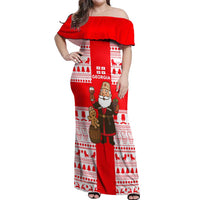 Georgia Christmas Off Shoulder Maxi Dress with Santa in Chokha Wine Barrel Gingerbread and Coat of Arms Design - Wonder Print Shop
