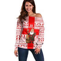 Georgia Christmas Off Shoulder Sweater with Santa in Chokha Wine Barrel Gingerbread and Coat of Arms Design - Wonder Print Shop