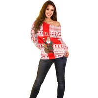 Georgia Christmas Off Shoulder Sweater with Santa in Chokha Wine Barrel Gingerbread and Coat of Arms Design - Wonder Print Shop