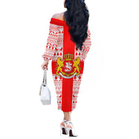 Georgia Christmas Off The Shoulder Long Sleeve Dress with Santa in Chokha Wine Barrel Gingerbread and Coat of Arms Design - Wonder Print Shop