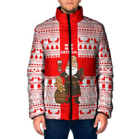 Georgia Christmas Padded Jacket with Santa in Chokha Wine Barrel Gingerbread and Coat of Arms Design - Wonder Print Shop