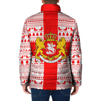 Georgia Christmas Padded Jacket with Santa in Chokha Wine Barrel Gingerbread and Coat of Arms Design - Wonder Print Shop