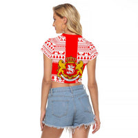 Georgia Christmas Raglan Cropped T Shirt with Santa in Chokha Wine Barrel Gingerbread and Coat of Arms Design - Wonder Print Shop