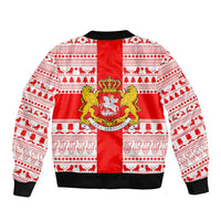 Georgia Christmas Sleeve Zip Bomber Jacket with Santa in Chokha Wine Barrel Gingerbread and Coat of Arms Design - Wonder Print Shop