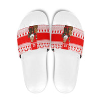 Georgia Christmas Slide Sandals with Santa in Chokha Wine Barrel Gingerbread and Coat of Arms Design - Wonder Print Shop