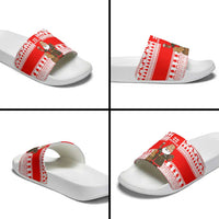Georgia Christmas Slide Sandals with Santa in Chokha Wine Barrel Gingerbread and Coat of Arms Design - Wonder Print Shop