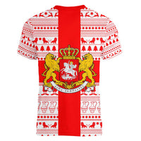 Georgia Christmas Women V-Neck T-Shirt with Santa in Chokha Wine Barrel Gingerbread and Coat of Arms Design - Wonder Print Shop