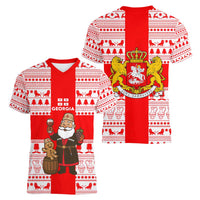 Georgia Christmas Women V-Neck T-Shirt with Santa in Chokha Wine Barrel Gingerbread and Coat of Arms Design - Wonder Print Shop