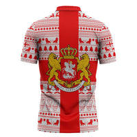 Georgia Christmas Zipper Polo Shirt with Santa in Chokha Wine Barrel Gingerbread and Coat of Arms Design - Wonder Print Shop
