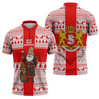 Georgia Christmas Zipper Polo Shirt with Santa in Chokha Wine Barrel Gingerbread and Coat of Arms Design - Wonder Print Shop