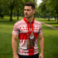 Georgia Christmas Zipper Polo Shirt with Santa in Chokha Wine Barrel Gingerbread and Coat of Arms Design - Wonder Print Shop