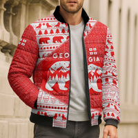 Georgia Christmas Bomber Puffer Jacket with Bear Mountains Forest Pattern and Traditional Georgian Design - Wonder Print Shop