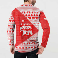 Georgia Christmas Button Sweatshirt with Bear Mountains Forest Pattern and Traditional Georgian Design - Wonder Print Shop