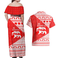 Georgia Christmas Couples Matching Off Shoulder Maxi Dress and Hawaiian Shirt with Bear Mountains Forest Pattern and Traditional Georgian Design - Wonder Print Shop