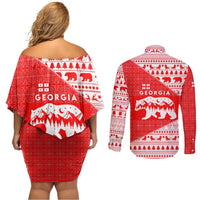 Georgia Christmas Couples Matching Off Shoulder Short Dress and Long Sleeve Button Shirt with Bear Mountains Forest Pattern and Traditional Georgian Design - Wonder Print Shop