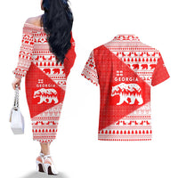 Georgia Christmas Couples Matching Off The Shoulder Long Sleeve Dress and Hawaiian Shirt with Bear Mountains Forest Pattern and Traditional Georgian Design - Wonder Print Shop