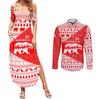 Georgia Christmas Couples Matching Summer Maxi Dress and Long Sleeve Button Shirt with Bear Mountains Forest Pattern and Traditional Georgian Design - Wonder Print Shop