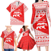 Georgia Christmas Family Matching Long Sleeve Bodycon Dress and Hawaiian Shirt with Bear Mountains Forest Pattern and Traditional Georgian Design - Wonder Print Shop