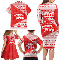 Georgia Christmas Family Matching Long Sleeve Bodycon Dress and Hawaiian Shirt with Bear Mountains Forest Pattern and Traditional Georgian Design - Wonder Print Shop