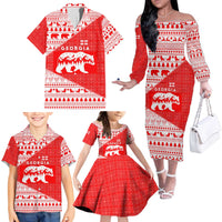 Georgia Christmas Family Matching Off The Shoulder Long Sleeve Dress and Hawaiian Shirt with Bear Mountains Forest Pattern and Traditional Georgian Design - Wonder Print Shop