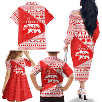 Georgia Christmas Family Matching Off The Shoulder Long Sleeve Dress and Hawaiian Shirt with Bear Mountains Forest Pattern and Traditional Georgian Design - Wonder Print Shop