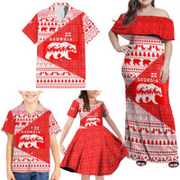 Georgia Christmas Family Matching Off Shoulder Maxi Dress and Hawaiian Shirt with Bear Mountains Forest Pattern and Traditional Georgian Design - Wonder Print Shop
