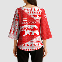 Georgia Christmas Kimono Sleeve Blouse with Bear Mountains Forest Pattern and Traditional Georgian Design - Wonder Print Shop